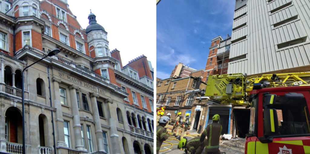 Firefighters Tackle Blaze at London’s St Mary’s Hospital Firefighters Tackle Blaze at London’s St Mary’s Hospital